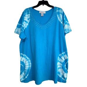Roaman's Women's 1X Blue Tie Dye Embellished V Neck Short Sleeve T Shirt Top